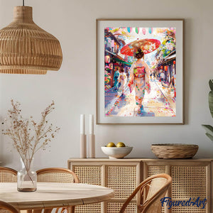 Broderie Diamant - Femme en Yukata dans une Rue animée 40x50cm toile tendue sur châssis