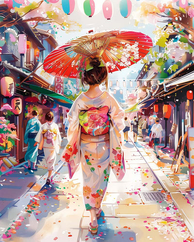 Diamond Painting - Broderie Diamant - Femme en Yukata dans une Rue animée 40x50cm toile tendue sur châssis