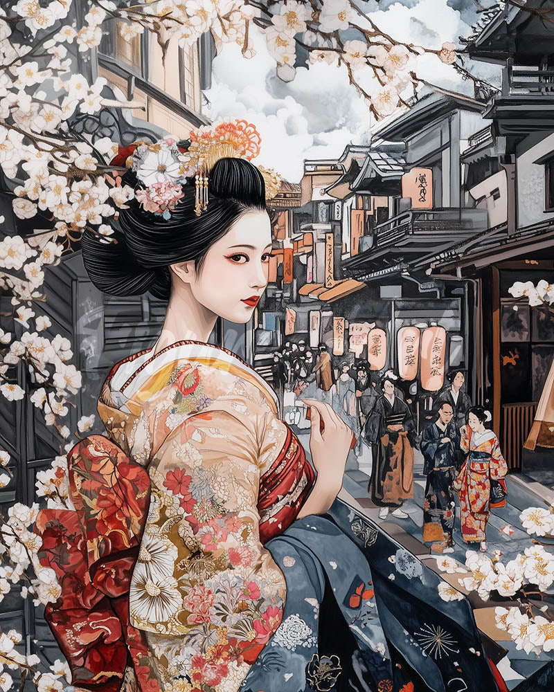 Diamond Painting - Broderie Diamant - Geisha dans une Rue Vintage 40x50cm toile tendue sur châssis