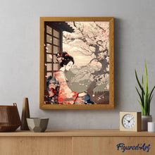 Charger l'image dans la galerie, Broderie Diamant - Femme en Kimono Vintage et Cerisiers en Fleurs 40x50cm toile tendue sur châssis