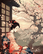 Charger l'image dans la galerie, Diamond Painting - Broderie Diamant - Femme en Kimono Vintage et Cerisiers en Fleurs 40x50cm toile tendue sur châssis