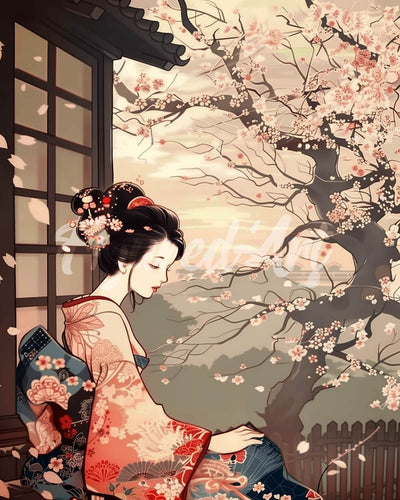 Diamond Painting - Broderie Diamant - Femme en Kimono Vintage et Cerisiers en Fleurs 40x50cm toile tendue sur châssis
