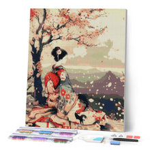 Charger l'image dans la galerie, Broderie Diamant - Geisha Vintage sous les Cerisiers en Fleurs 40x50cm toile tendue sur châssis