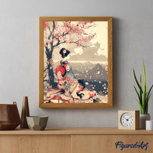 Charger l'image dans la galerie, Broderie Diamant - Geisha Vintage sous les Cerisiers en Fleurs 40x50cm toile tendue sur châssis