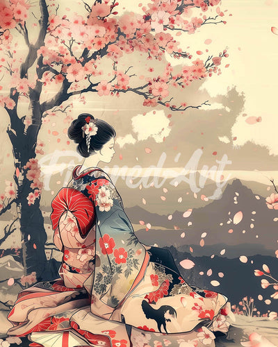 Diamond Painting - Broderie Diamant - Geisha Vintage sous les Cerisiers en Fleurs 40x50cm toile tendue sur châssis