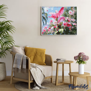 Broderie Diamant - Floraison rose tropicale