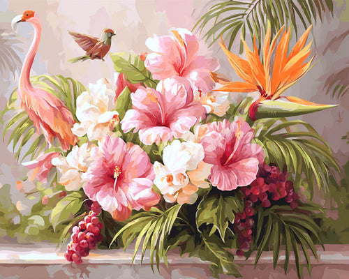 Diamond Painting - Broderie Diamant - Hibiscus et flamant rose