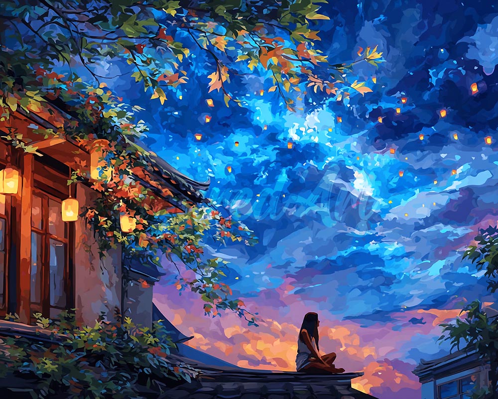 Diamond Painting - Broderie Diamant - Vue nocturne à la lanterne