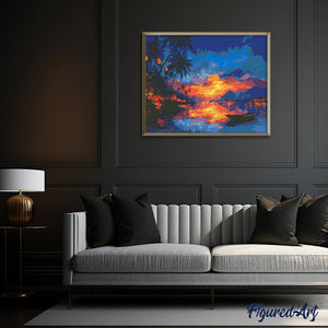 Broderie Diamant - Coucher de soleil sur la plage et lanternes