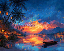 Charger l&#39;image dans la galerie, Diamond Painting - Broderie Diamant - Coucher de soleil sur la plage et lanternes