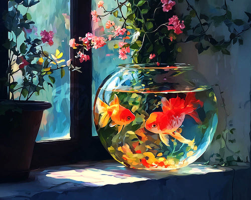 Diamond Painting - Broderie Diamant - Bocal à poissons ensoleillé
