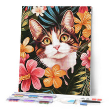 Charger l'image dans la galerie, Broderie Diamant - Chat avec fleurs tropicales
