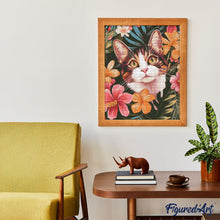 Charger l&#39;image dans la galerie, Broderie Diamant - Chat avec fleurs tropicales