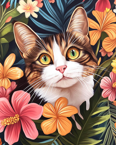 Diamond Painting - Broderie Diamant - Chat avec fleurs tropicales