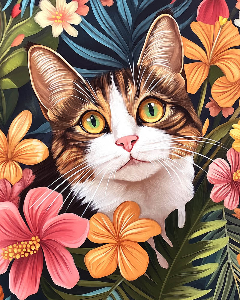 Diamond Painting - Broderie Diamant - Chat avec fleurs tropicales