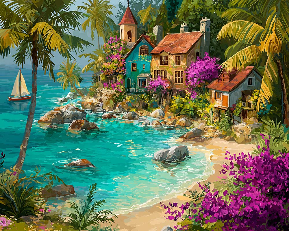 Diamond Painting - Broderie Diamant - Village Tropical en Bord de Mer