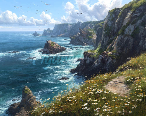 Diamond Painting - Broderie Diamant - Prairie Fleurie en Bord de Falaise