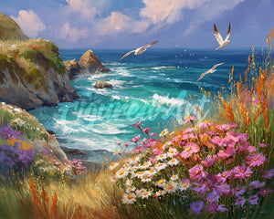 Diamond Painting - Broderie Diamant - Vue sur l’Océan et Fleurs