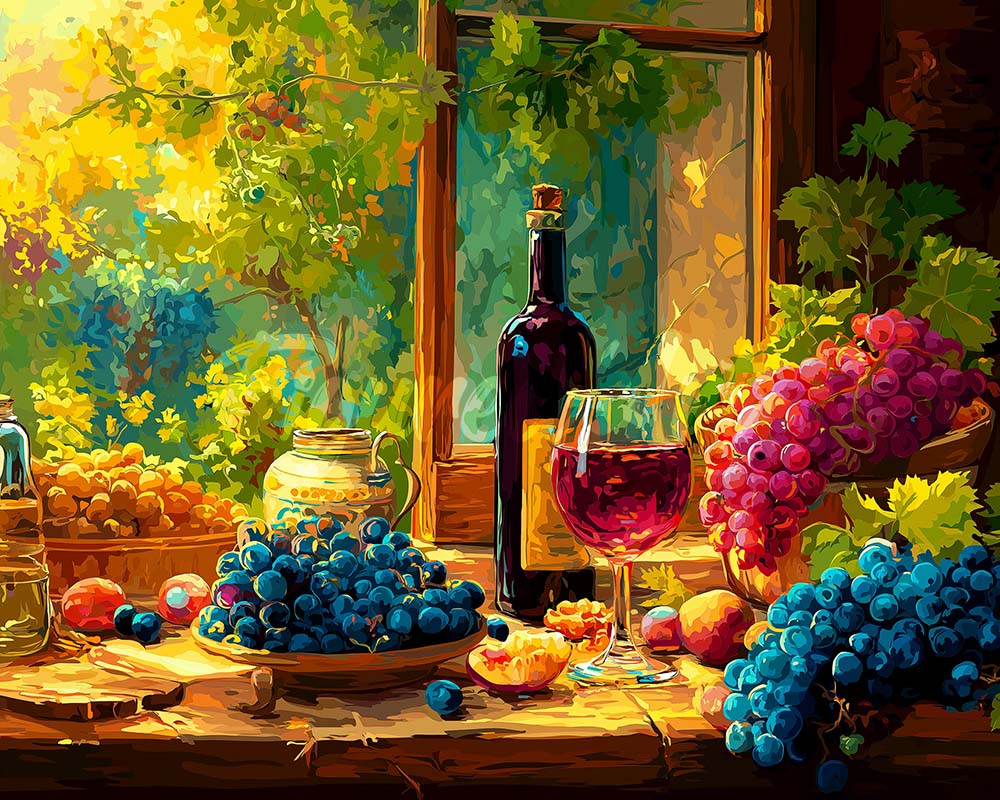 Diamond Painting - Broderie Diamant - Bouteille de Vin et Raisins