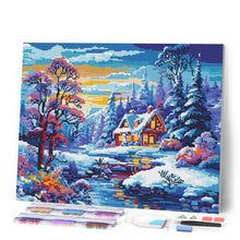 Charger l'image dans la galerie, Broderie Diamant - Cottage de la Rivière en Hiver 40x50cm toile tendue sur châssis