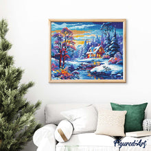 Charger l'image dans la galerie, Broderie Diamant - Cottage de la Rivière en Hiver 40x50cm toile tendue sur châssis