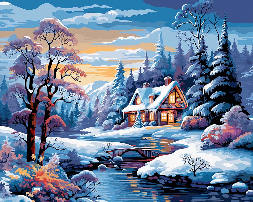 Diamond Painting - Broderie Diamant - Cottage de la Rivière en Hiver 40x50cm toile tendue sur châssis
