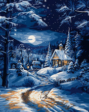Charger l&#39;image dans la galerie, Diamond Painting - Broderie Diamant - Cottage d&#39;Hiver au Clair de Lune