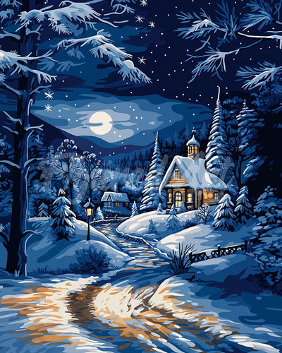 Diamond Painting - Broderie Diamant - Cottage d'Hiver au Clair de Lune