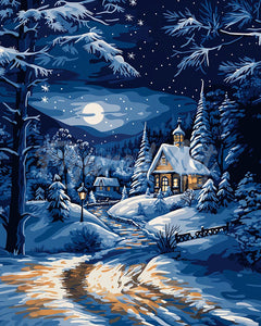 Diamond Painting - Broderie Diamant - Cottage d'Hiver au Clair de Lune