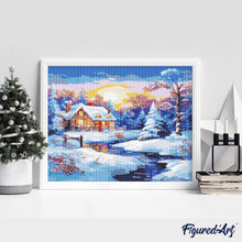 Charger l&#39;image dans la galerie, Broderie Diamant - Cabane d&#39;Hiver au Coucher du Soleil