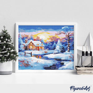 Broderie Diamant - Cabane d'Hiver au Coucher du Soleil