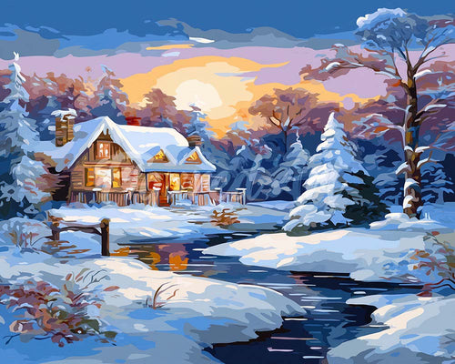 Diamond Painting - Broderie Diamant - Cabane d'Hiver au Coucher du Soleil