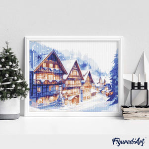 Broderie Diamant - Village Enneigé en Aquarelle