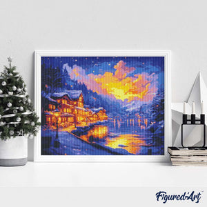 Broderie Diamant - Village au Bord du Lac Illuminé