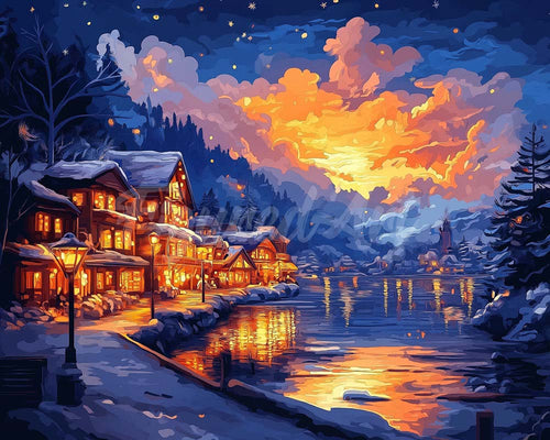 Diamond Painting - Broderie Diamant - Village au Bord du Lac Illuminé