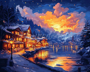 Diamond Painting - Broderie Diamant - Village au Bord du Lac Illuminé