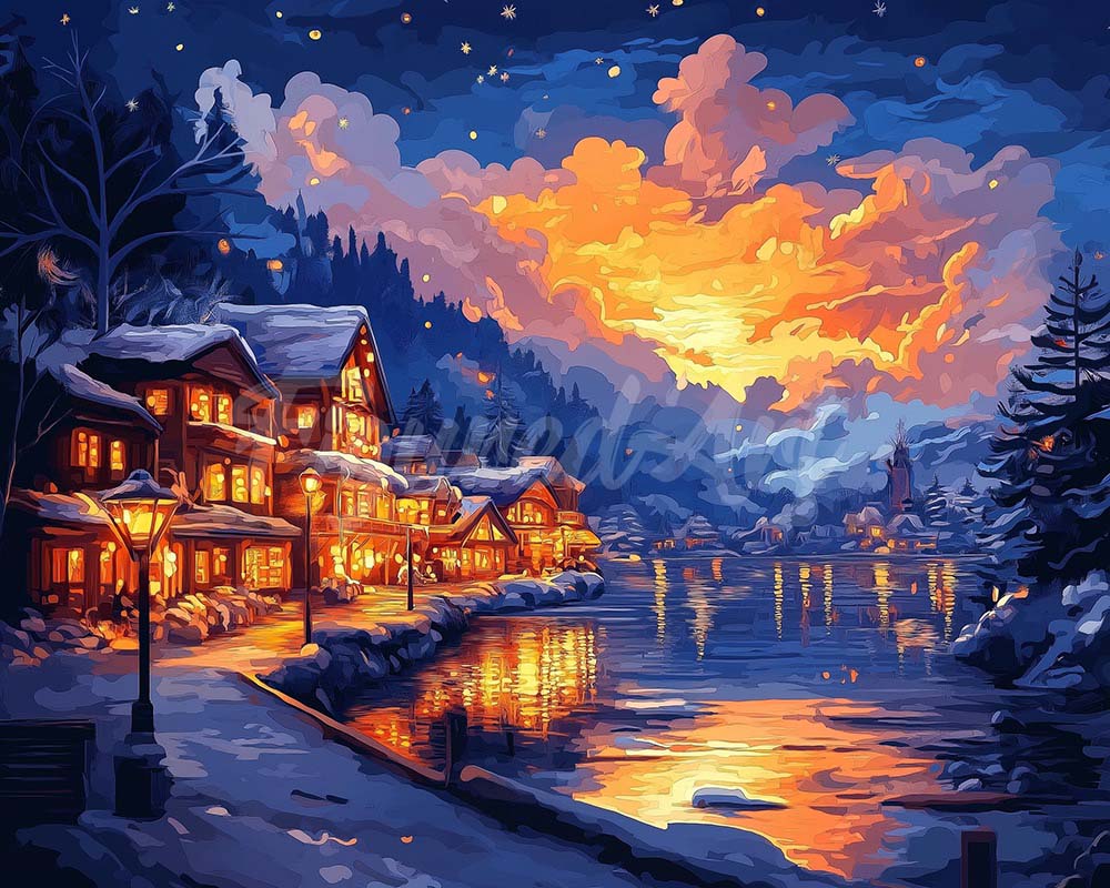 Diamond Painting - Broderie Diamant - Village au Bord du Lac Illuminé
