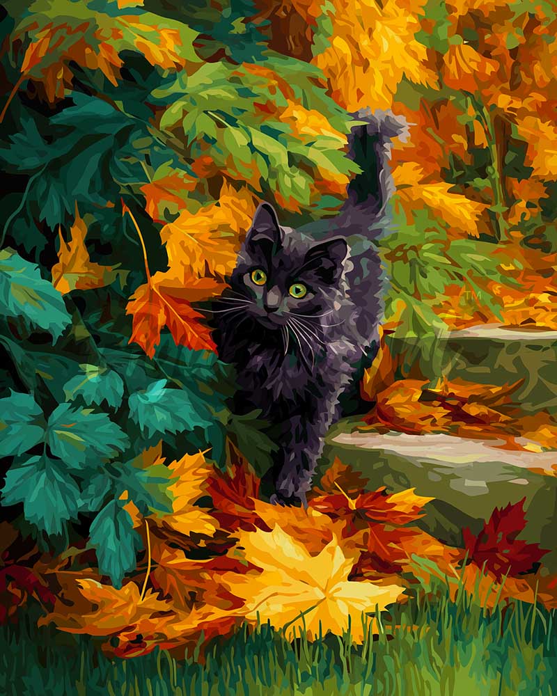 Diamond Painting - Broderie Diamant - Chat noir en automne