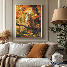 Charger l&#39;image dans la galerie, Broderie Diamant - Hibou parmi les feuilles dorées