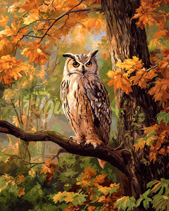Diamond Painting - Broderie Diamant - Hibou parmi les feuilles dorées