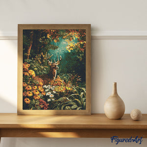 Broderie Diamant - Cerf parmi les fleurs d'automne