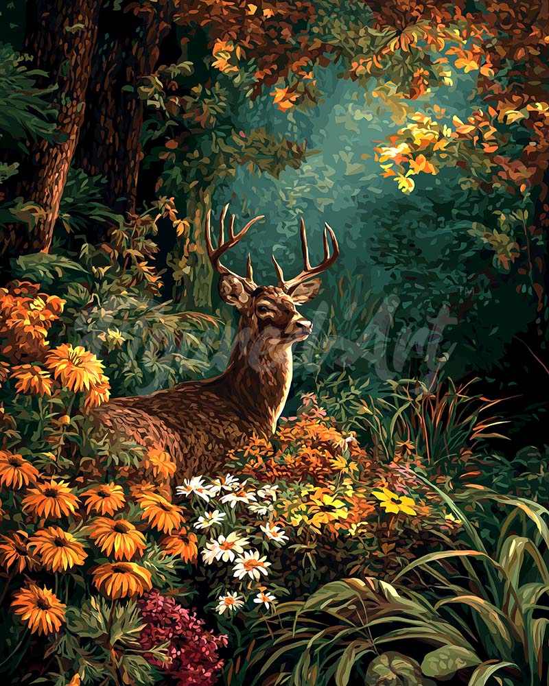 Diamond Painting - Broderie Diamant - Cerf parmi les fleurs d'automne