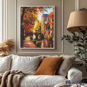 Broderie Diamant - Ville au bord de l'eau en automne