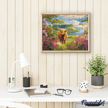 Charger l'image dans la galerie, Broderie Diamant - Vache Highland et vallée printanière