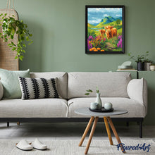Charger l'image dans la galerie, Broderie Diamant - Vache Highland et collines en fleurs