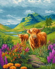 Charger l'image dans la galerie, Diamond Painting - Broderie Diamant - Vache Highland et collines en fleurs