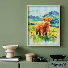 Charger l'image dans la galerie, Broderie Diamant - Vache Highland et vallée pastel