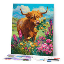 Charger l'image dans la galerie, Broderie Diamant - Vache Highland et féerie florale