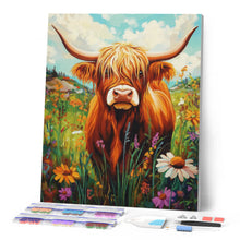 Charger l'image dans la galerie, Broderie Diamant - Portrait de vache Highland et fleurs sauvages
