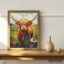 Charger l'image dans la galerie, Broderie Diamant - Portrait de vache Highland et fleurs sauvages